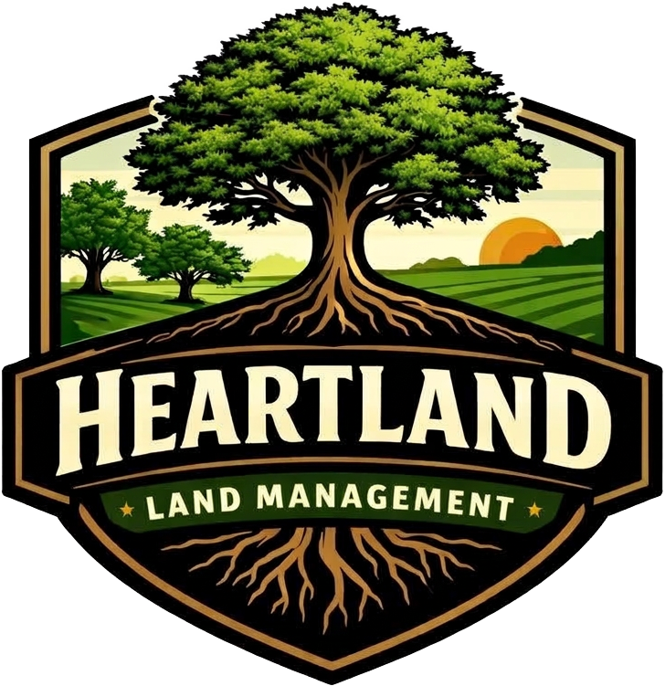 Heartland Land Management crest — oak tree with roots over farmland at sunrise